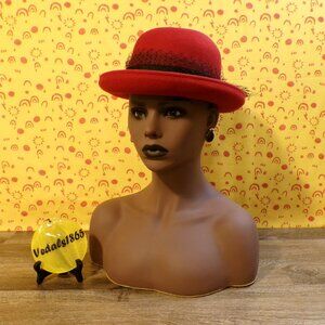 BOLLMAN HAT CO. Women's Vintage Short Brim Red Hat 100% Wool Doeskin Felt Lace